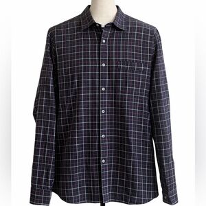 Express Fitted Button Up Shirt Mens L 16-16.5 Navy Plaid Cotton Dress Shirt